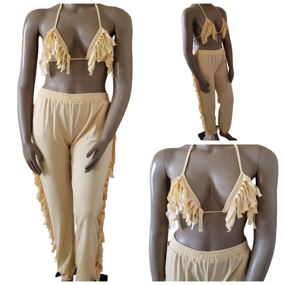 2-Pc Fringe Halter Bikini Top & Jogger Pants Set Womens 2XL Plus Sz Khaki Beige